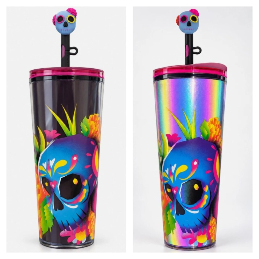STARBUCKS Dia de Muertos Holographic Skull Cold Cup Tumbler Black Sz 24oz